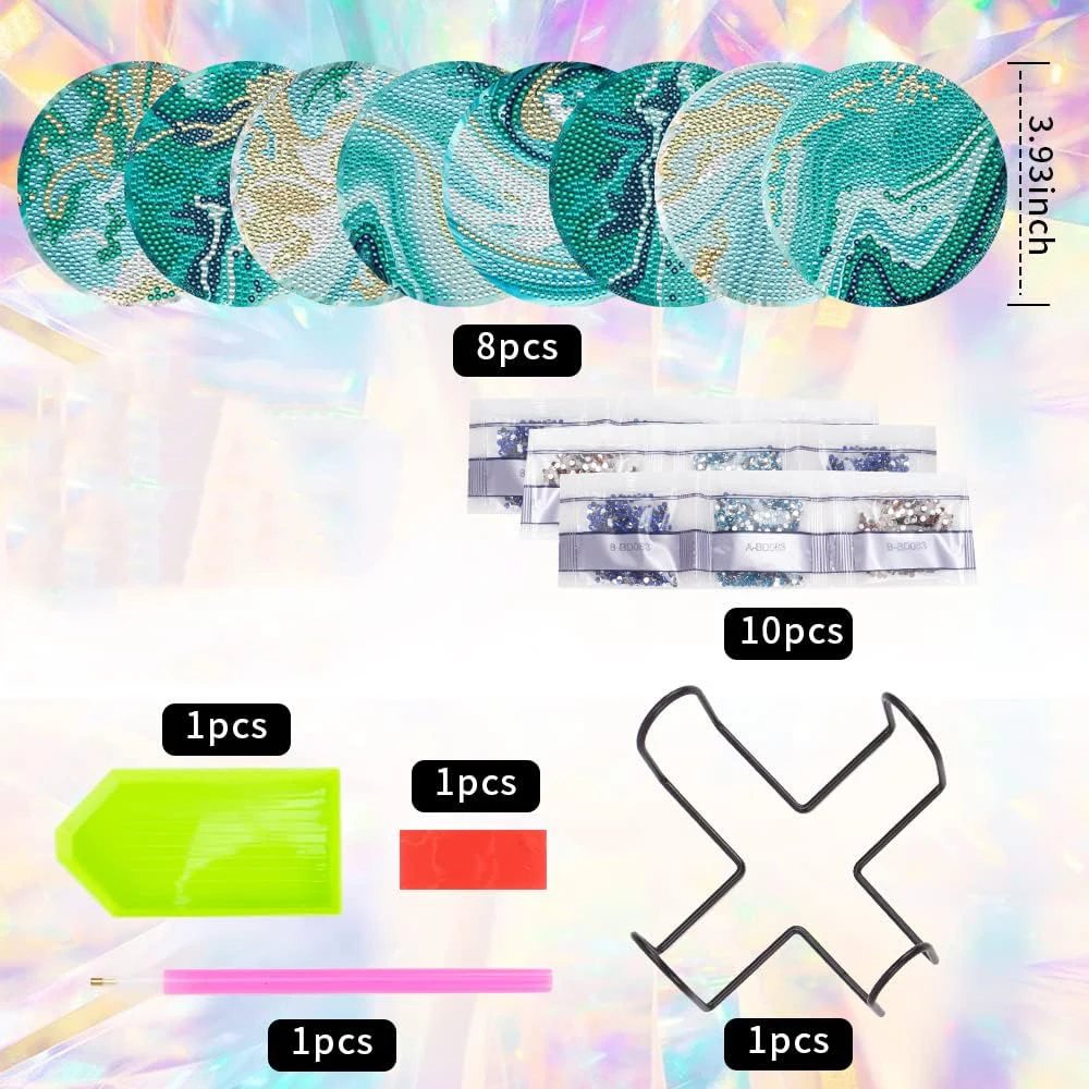 8PCS DIY Teal Marble Ocean Diamond Art Painting Coasters Kit with Holder Mosaic Drink Cup Cushion Art Crafts for Coffee Tablemat