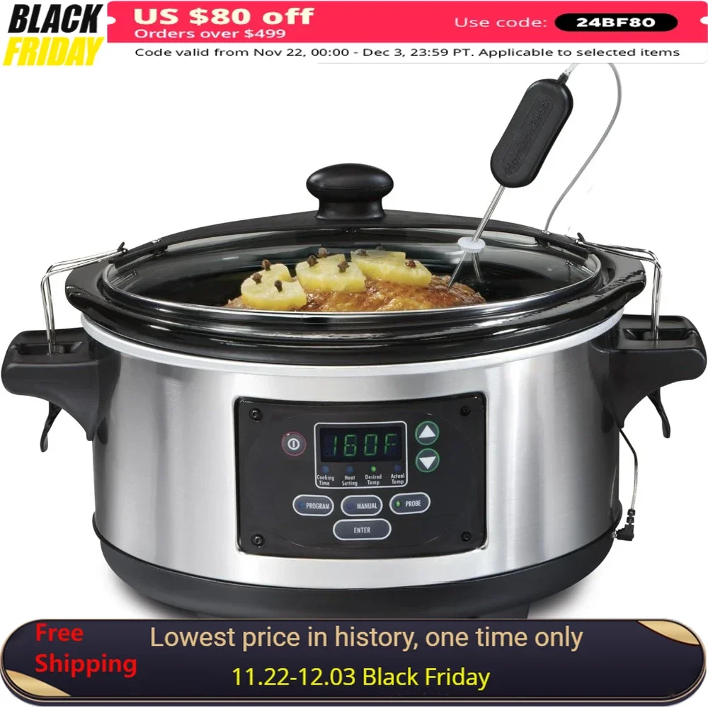 

6 Quart Programmable Slow Cooker, Dishwasher Safe Crock & Lid & Temperature Probe, Stainless Steel Slow Cookers