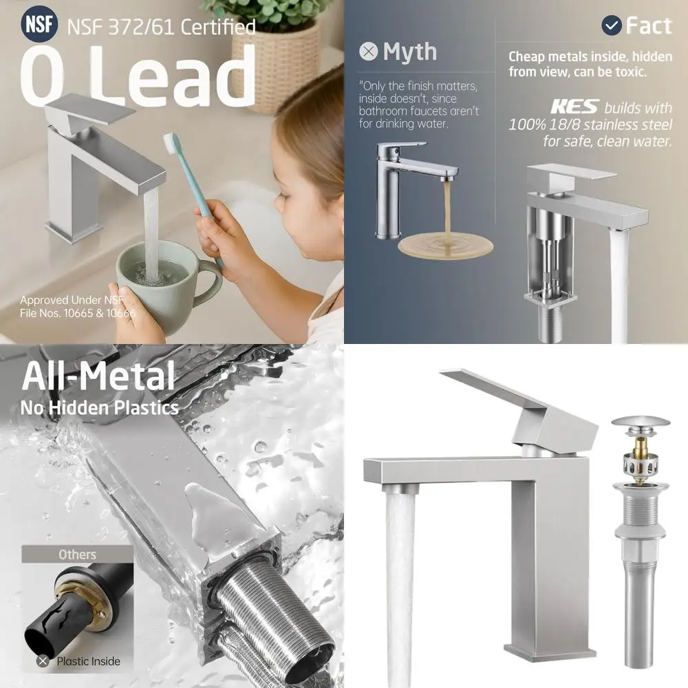 

Single Handle Brushed Nickel Bathroom Sink Faucet with Drain, Stainless Steel, 1-Hole, No Overflow, UPC & NSF Certified