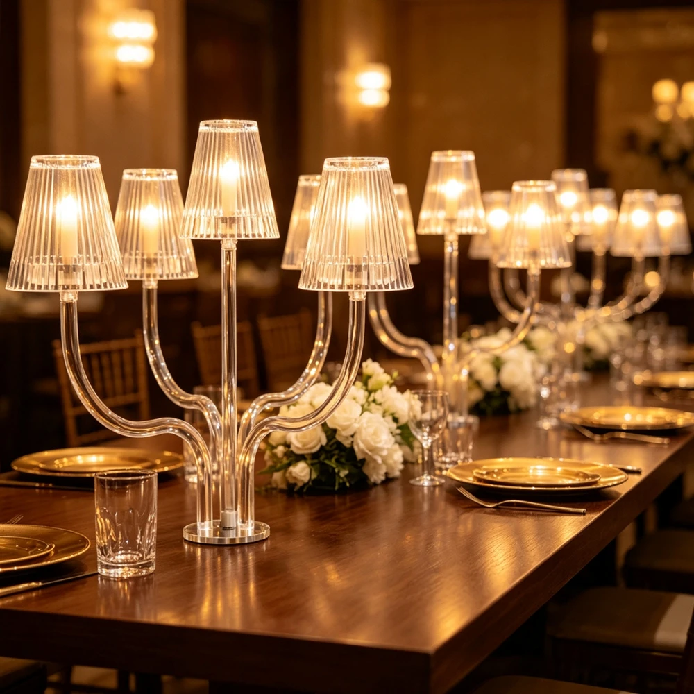 5-10pcs New Design Simple Candlestick Table Decoration Wedding Crystal 5 Arms Candelabra With acrylic Lampshades