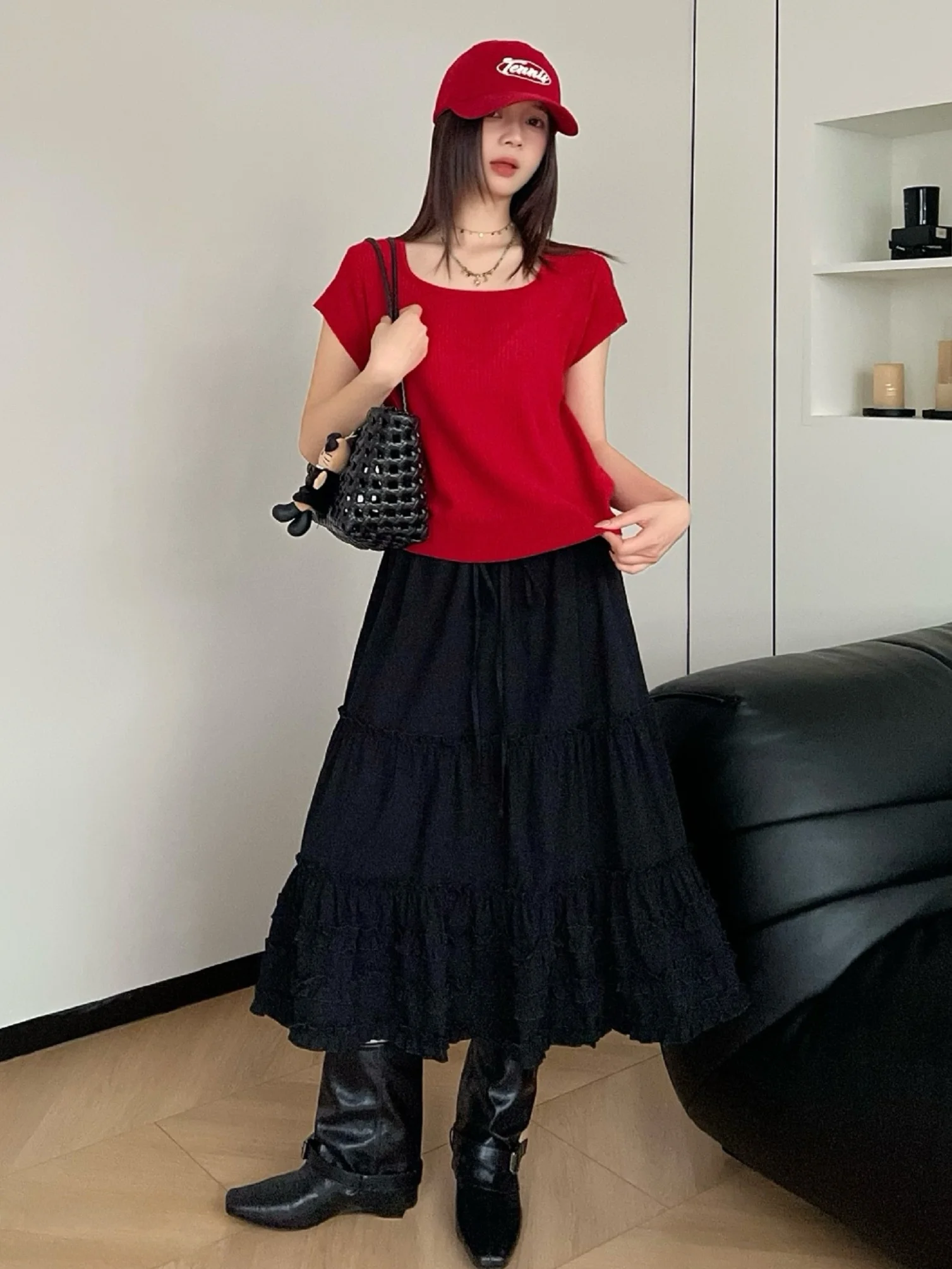 

Slimming Korean Style Knitted Top Square Collar Short Sleeve Casual Thin Women's Summer Fashionable Breathable Casual Shirt