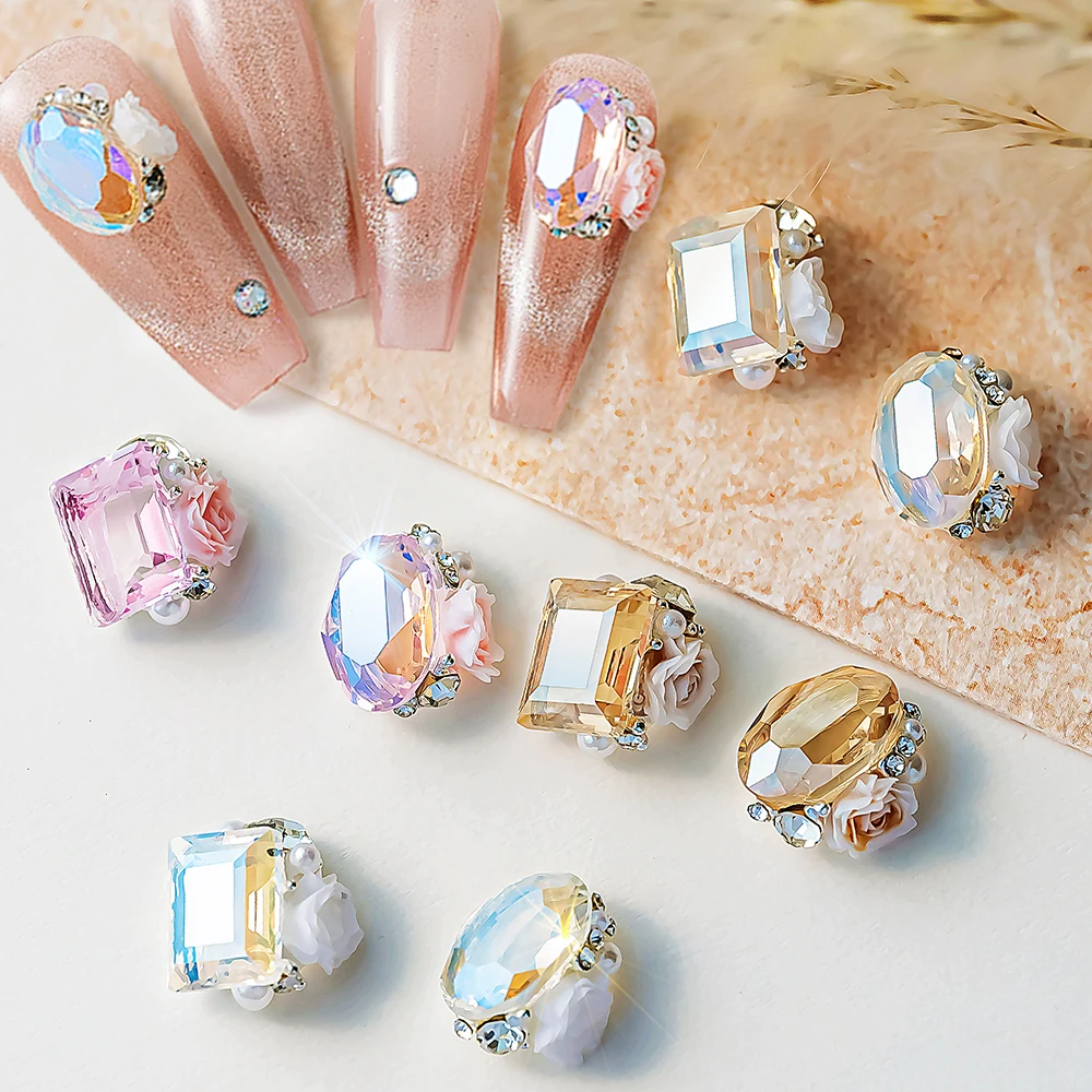 Ice Transparent Pink Blue Nail Rhinestones Pile Gems 10pcs Sparkling Diamond Crystal Nail Charms Oval Rectangular Rhinestones