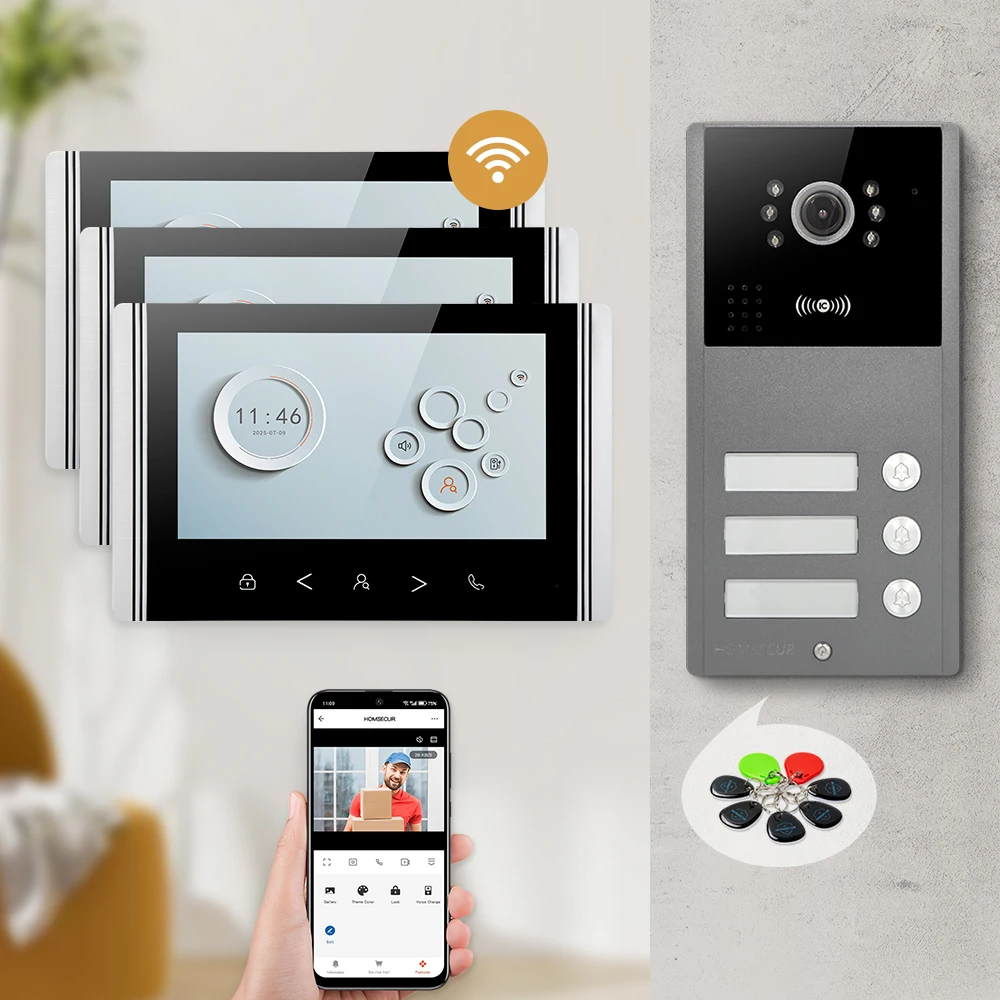 HOMSECUR 7" WIFI Video-Türsprechanlage, Gegensprechanlage, Außenüberwachung für 2 Familien