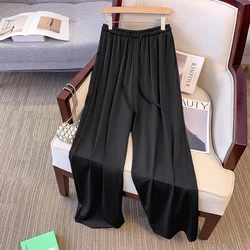 Plus-size women's summer casual commuter loose comfort pants Black wide-leg pants with drawstring elastic high-waisted pants big