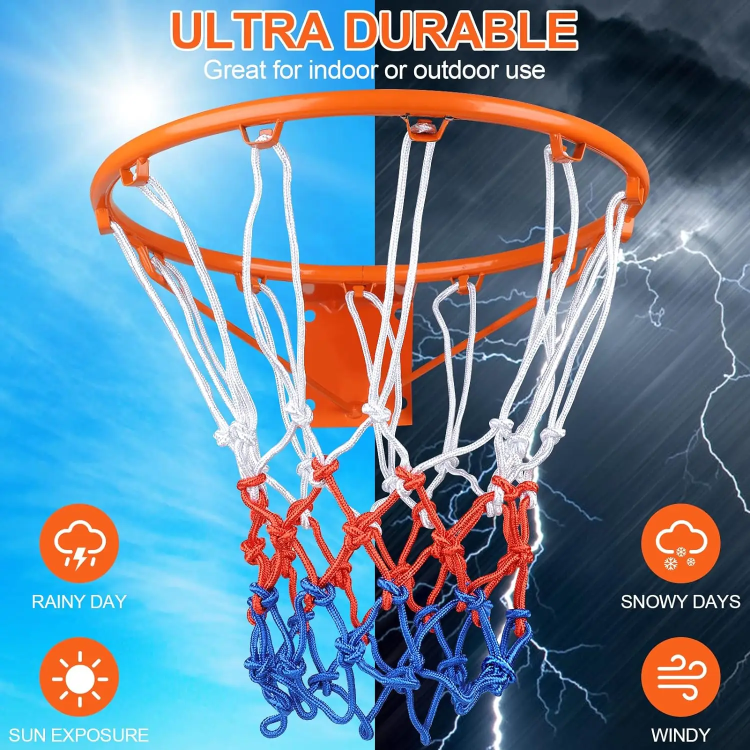 프로급 농구 네트 교체 - 실내/실외 림용 고강도 12루프 체인, 전천후 나일론(2개)