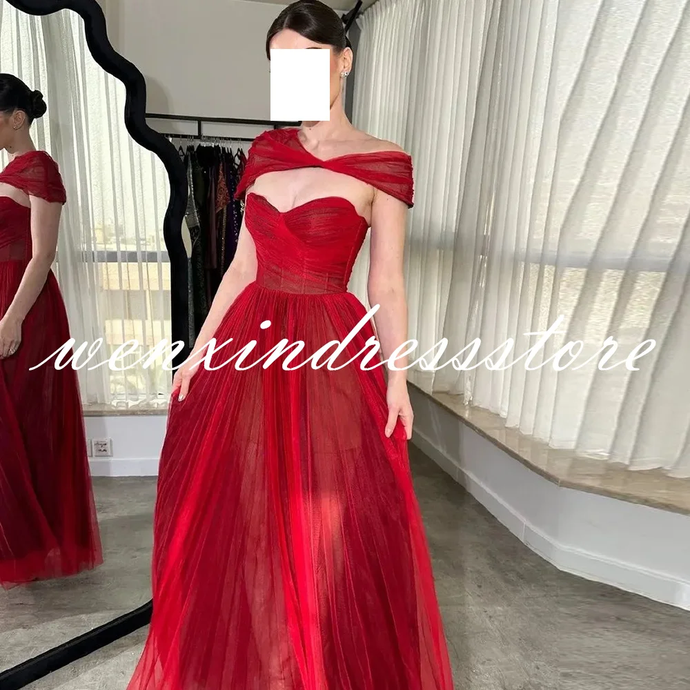 Modern Straight Red Floor Length Off the Shoulder Tulle Short Sleeves Evening Dress Sexy Pleats Saudi Arabia Prom Grows women