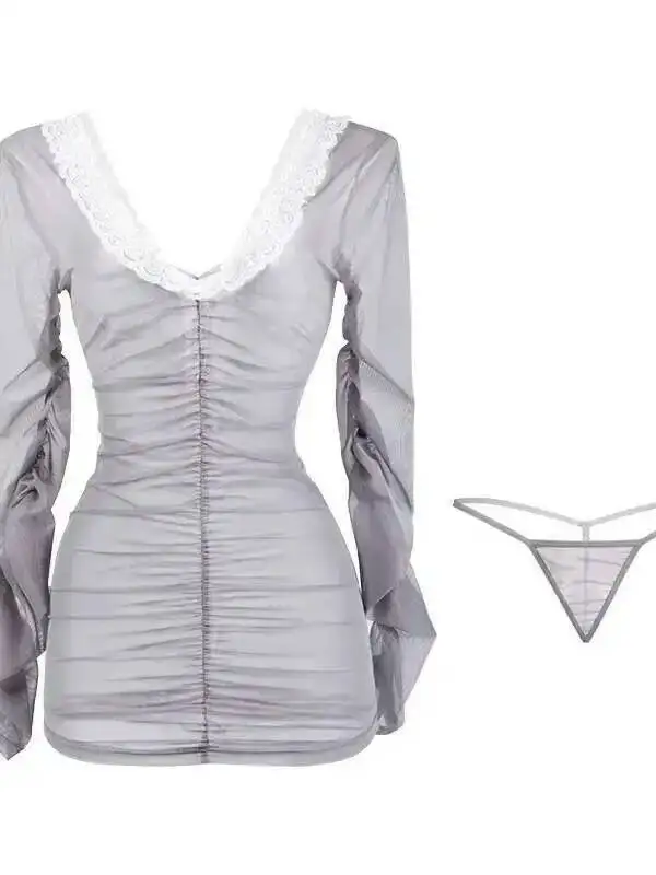 Erótico sm mini vestido de manga longa sexy decote em v malha pura renda envolto saia camisola vestido elegante quente sexy doce feminino 6wwz