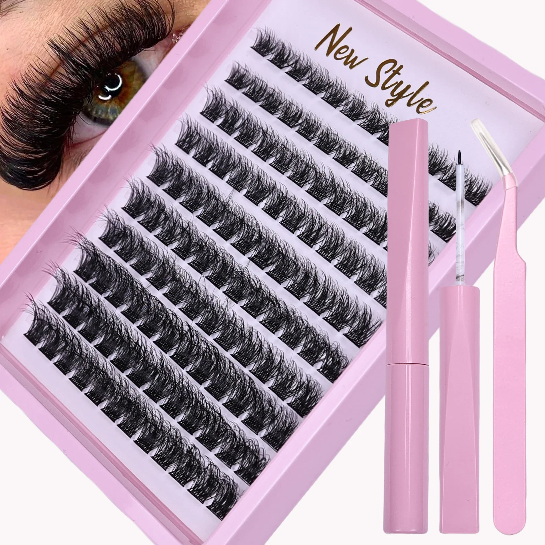 120 Individual False Eyelash Clusters for Extension, DIY Kit with Adhesive and Sealant and Tweezers for use at home