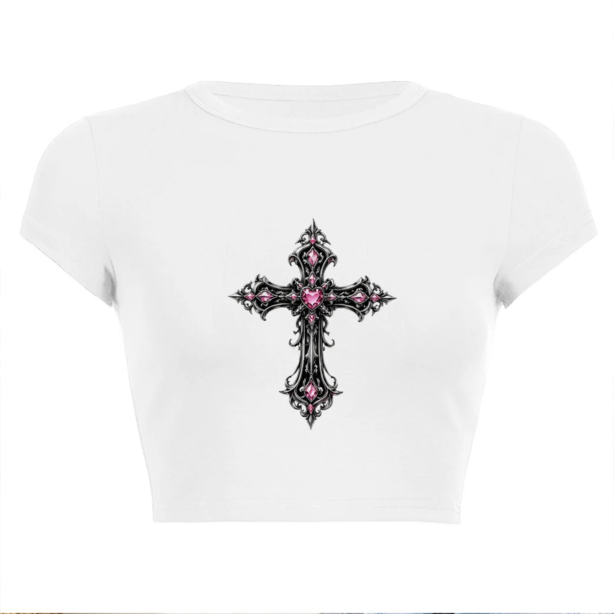 The Crossed-armed God Graphics Print Crop Tops Summer 2026 O Neck Casual Cute White T-Shirts Hip Hop Vintage Fashion Baby Tees