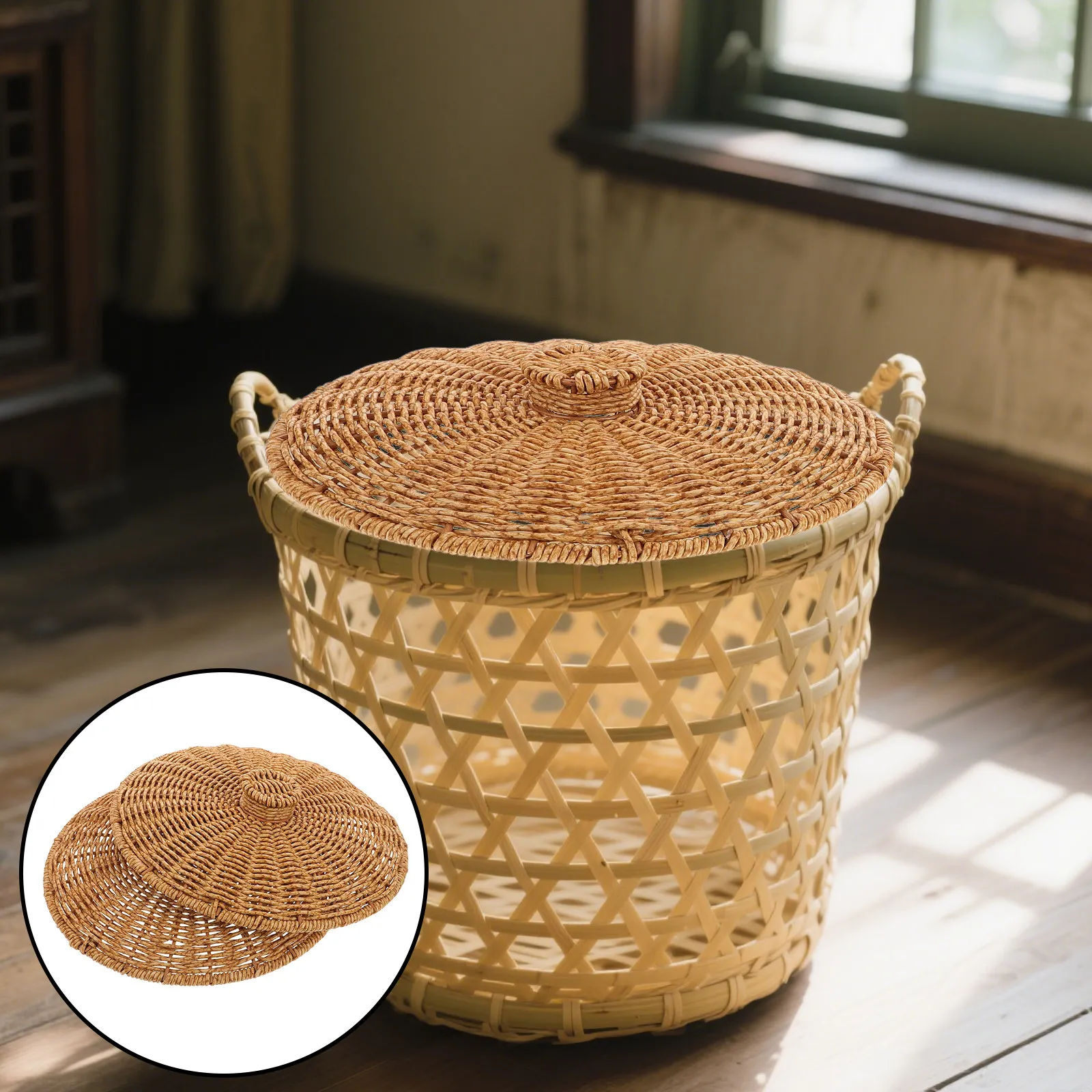 Braided Plastic Basket Lid Handmade Woven Storage Container Cover for Picnic Boxes Laundry Hampers Home Decor Organizing Stylish