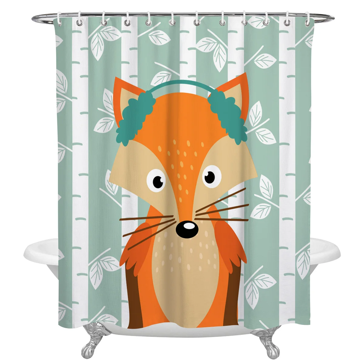 Cartoon Fox White Birch Waterproof Bathroom Decoration Shower Curtain With Hook Printed Bathtub Curtains Bathroom Accessories