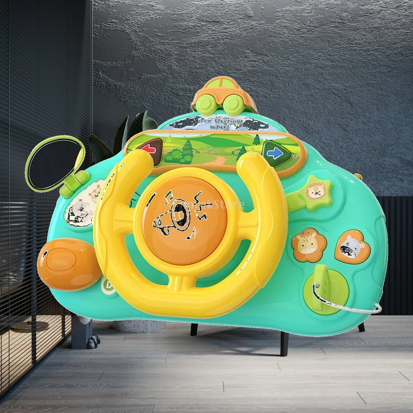 Kids Driving Toy Steering Wheel Simulation with Road Scene Music for Toddlers Role Play Activity