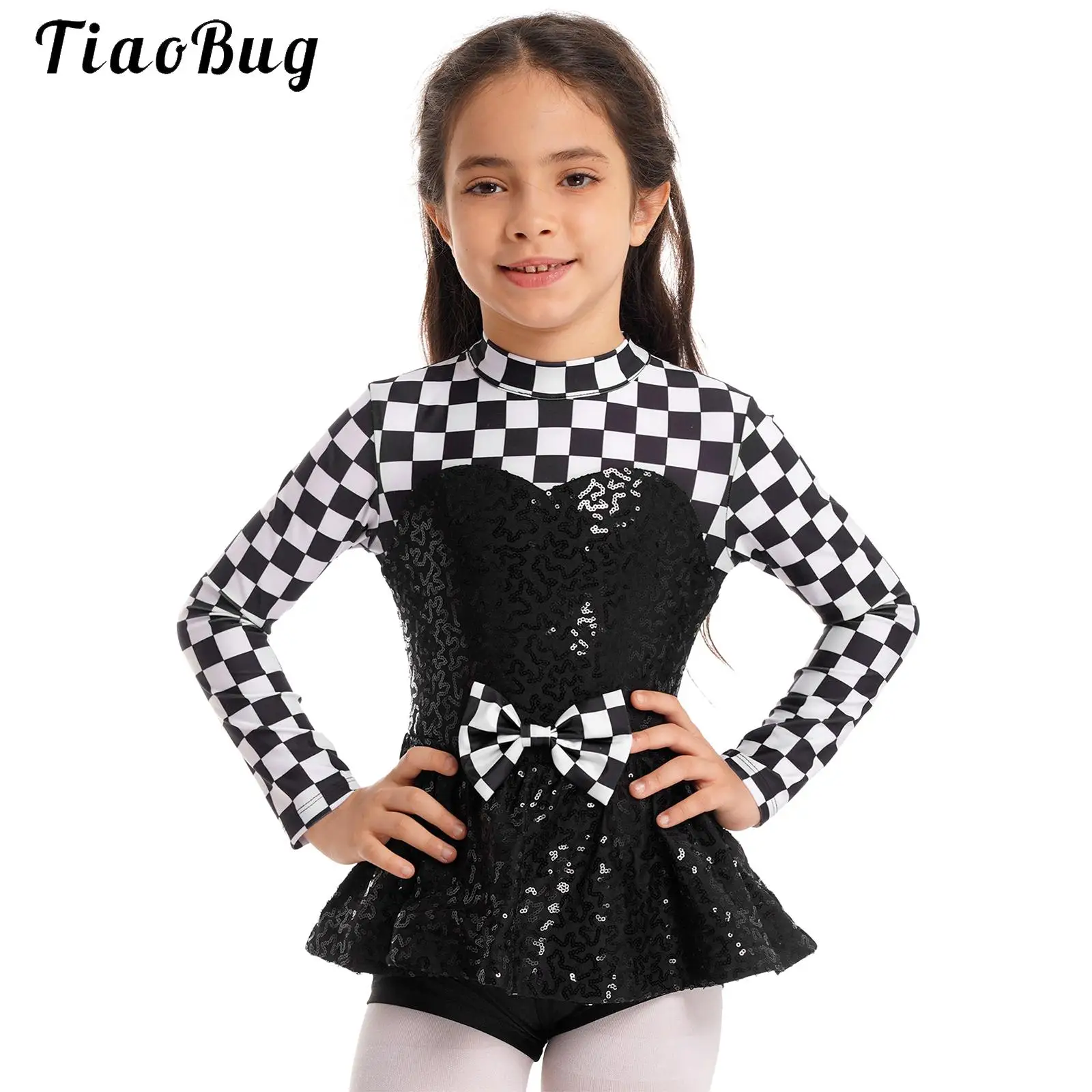 Kid Girls Racer Costume Long Sleeve Sequin Checkerboard Printed Tutu Leotard Bodysuit Halloween Race Car Driver Cosplay Dress Up