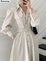 Spring Women Dress Fashion Female Long Sleeve Vintage Solid Midi Shirt Dress Casual Single Breasted Waistband Chic Office Dress