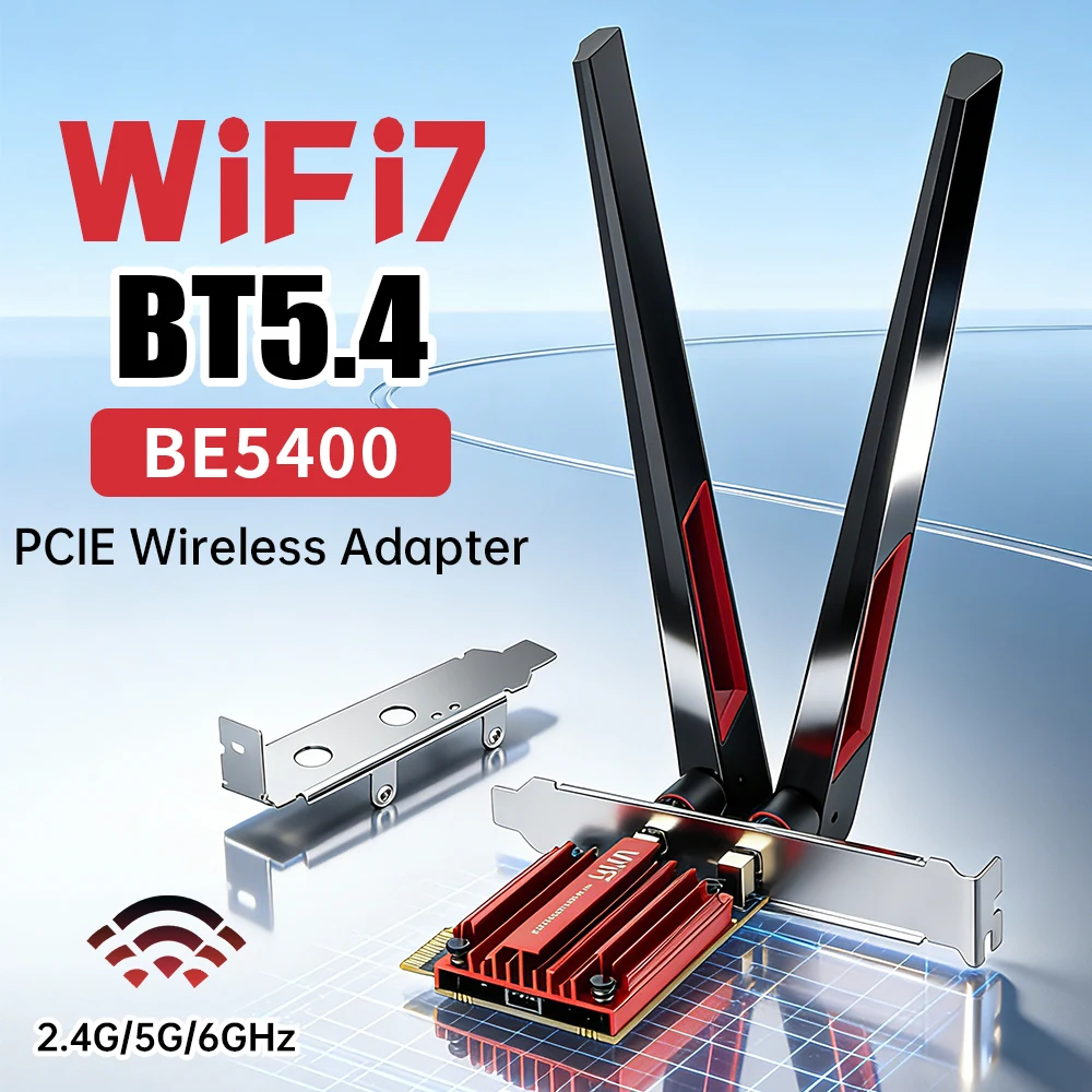 

WiFi 7 PCIe Card MT7925 Tri Band 6GHz/5GHz/2.4GHz BE5400 10DB Antenna Bluetooth 5.4 Wireless Adapter for Windows 11 Desktop PC