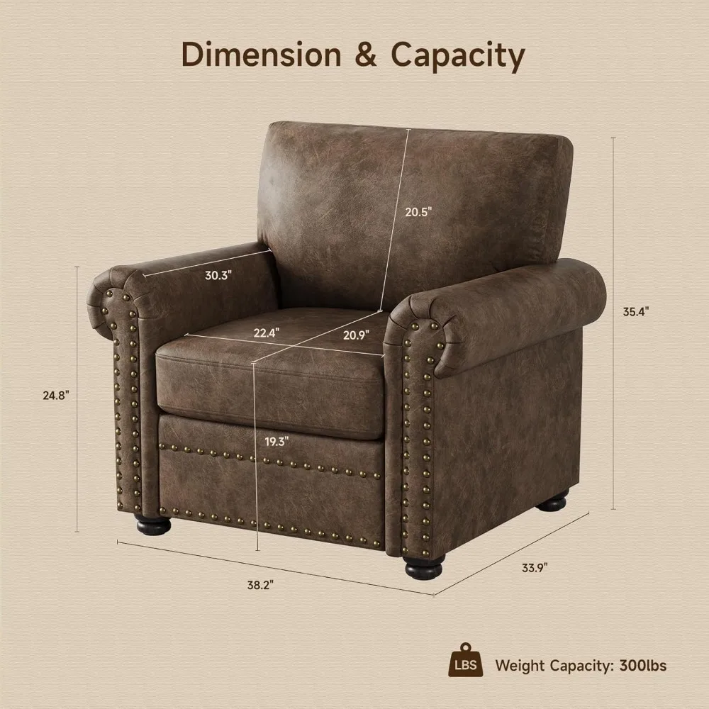 كرسي أنيق من الجلد الصناعي مع حواف رأس أظافر لغرفة المعيشة، كرسي بذراعين من القطيفة على أرجل خشبية صلبة #2