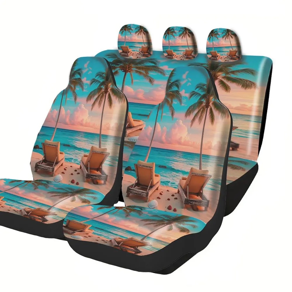 Trendy Print Car Seat Covers Full Set Fit Premium Material All Seasons Comfortable Breathable Beach Palm Trees Deck Chairs Desi