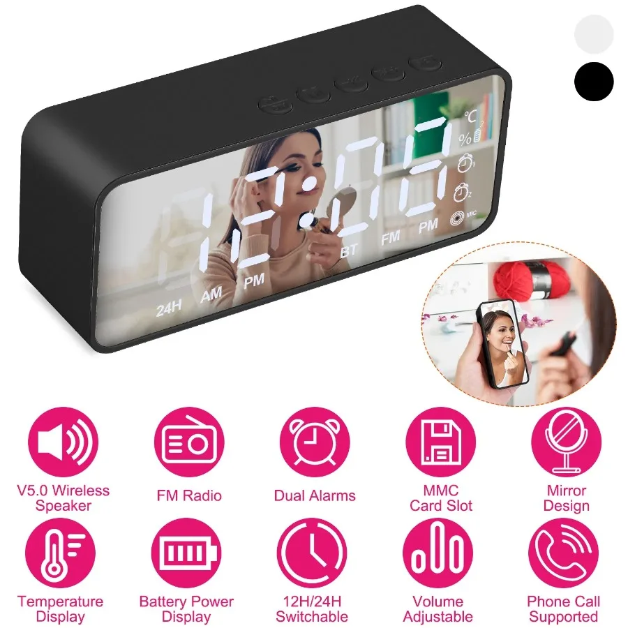 

Mirror Digital Alarm Clock LED V5.0 Wireless Speaker Clock with FM Radio