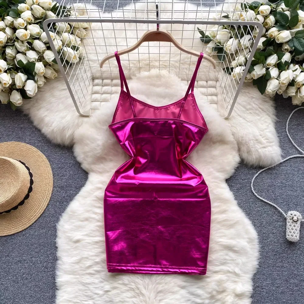 Sexy Hot Girl Pure Lust Style V-neck Suspender Dress Female High Waist Slim Temperament Hip-hugging Shiny Short Skirt Summer