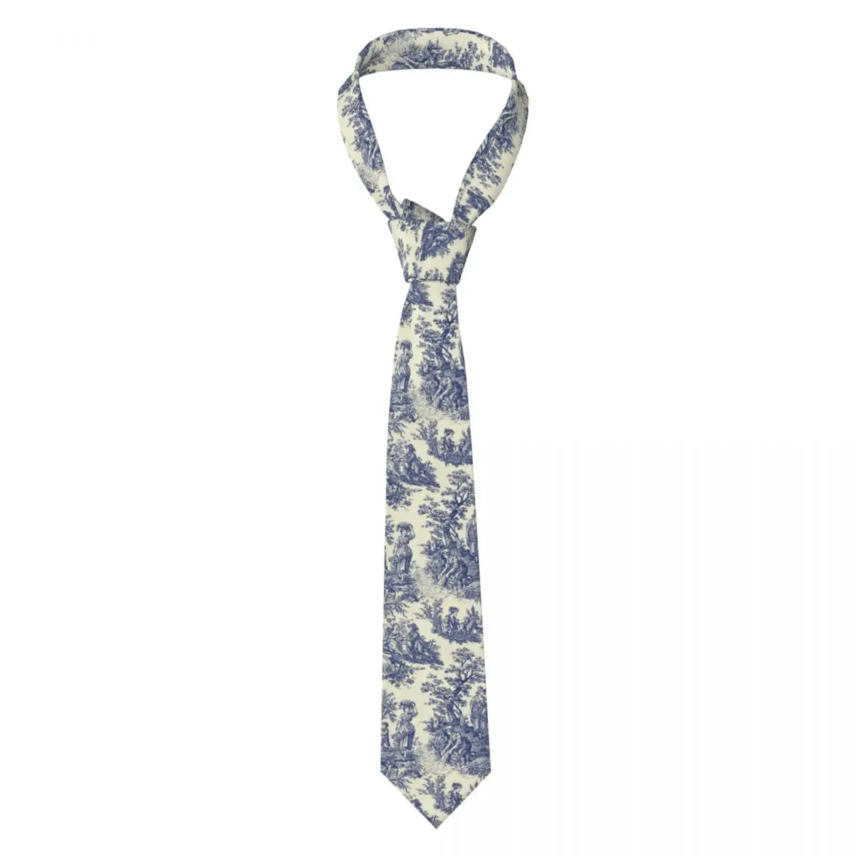 Custom Mens Toile De Jouy Blue Necktie French Navy Blue Motif Fashion Tie For Business