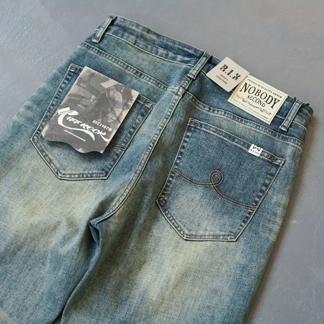 American Hiphop Pants Men\'s Clothing Jeans Autumn and Winter 2024 New Trendy Brand Retro Washed Elastic Small-legged Pants