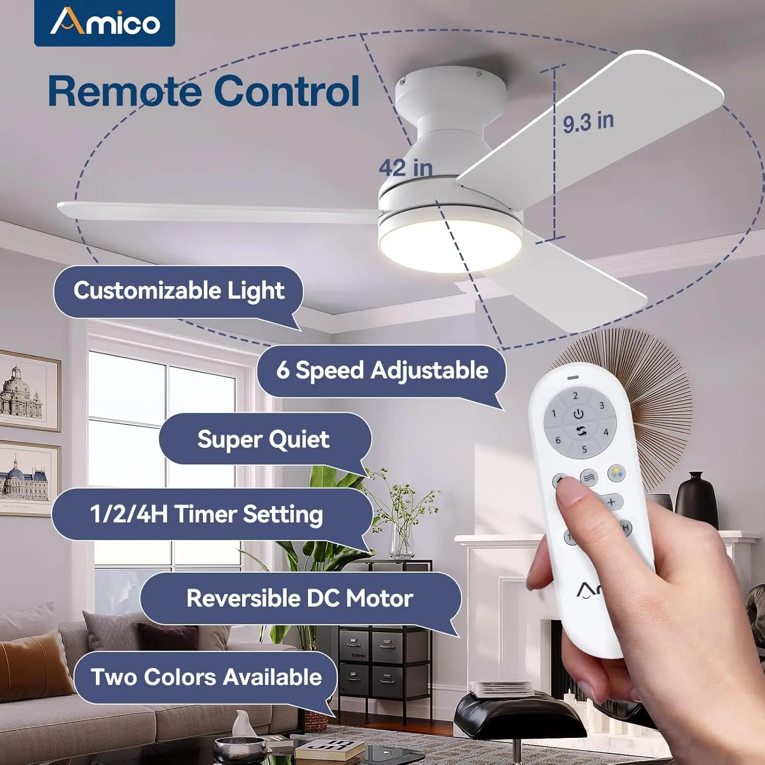 Amico Plafondventilatoren Met Verlichting, 42 Inch Low-Profile Plafondventilator Met Licht En Afstandsbediening, Flush Mount, Omkeerbaar, 3cct,