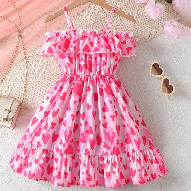 

Dresses For Girls Summer Girls Dress Sleeveless Ruffled Hem For Beach Girls Strapless, Casual Heart Pattern Children's Clothes