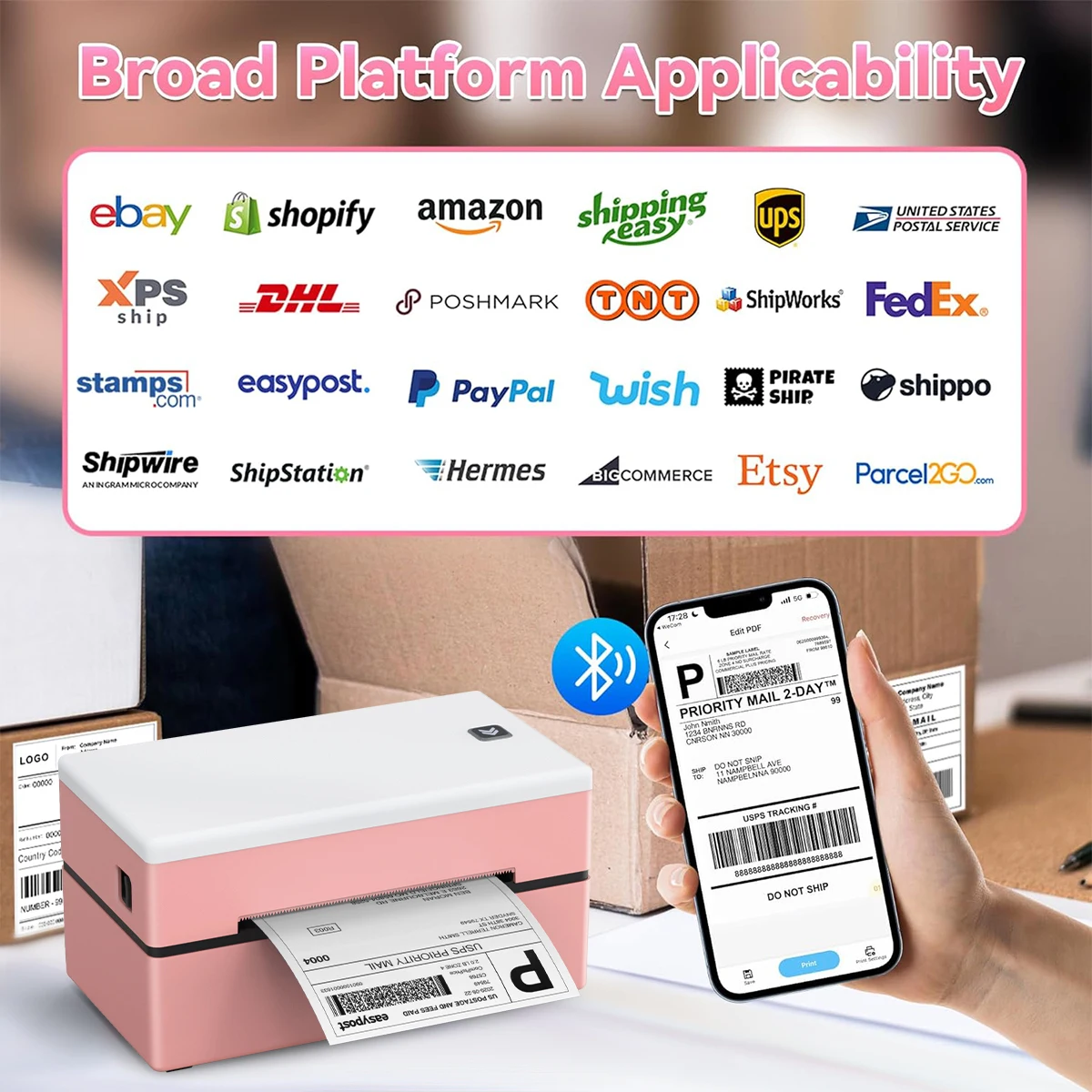 Thermal Printer D200 Pink Bluetooth Protable Inkless Self-adhesive HD Printer Compatible with iPhone Android Mac Window
