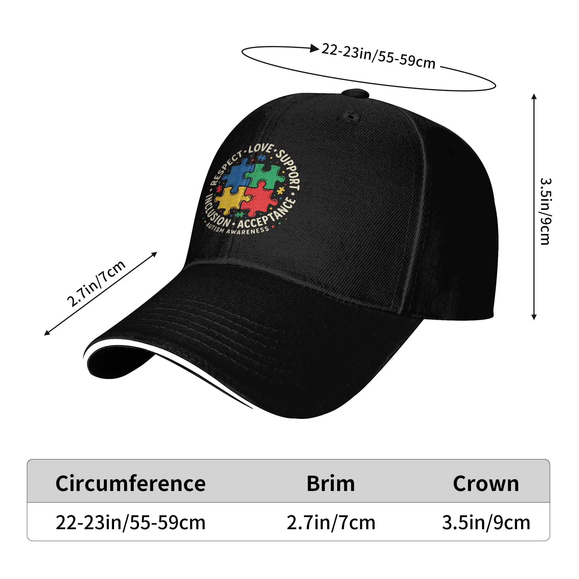 Autism Awareness Respect Love Support Sun Baseball Cap Summer Men Adult Hip Hop Hats Sun-Proof Fitted Retro Baseball Caps