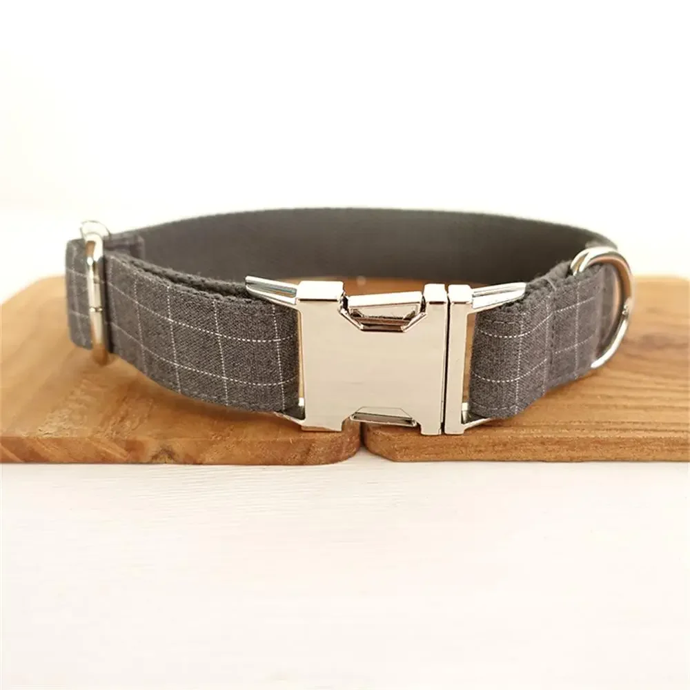 Personalized Dog Collar with Free Engraving, Matching Pet Leash,Customzied Contacts Metal Buckle,Grey Grid Pet Collar