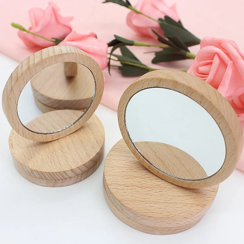 Miroir cosmétique rond en bois pour femmes, portable, tenu dans la main, vintage, maquillage, voyage