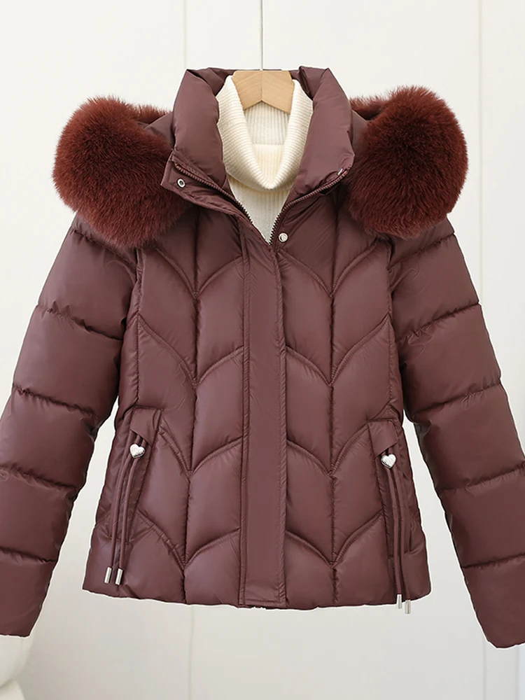 Casaco Feminino de Inverno com Forro de Algodão, Ajuste na Cintura, Gola de Pele Destacável, Estilo Casual para o Dia a Dia