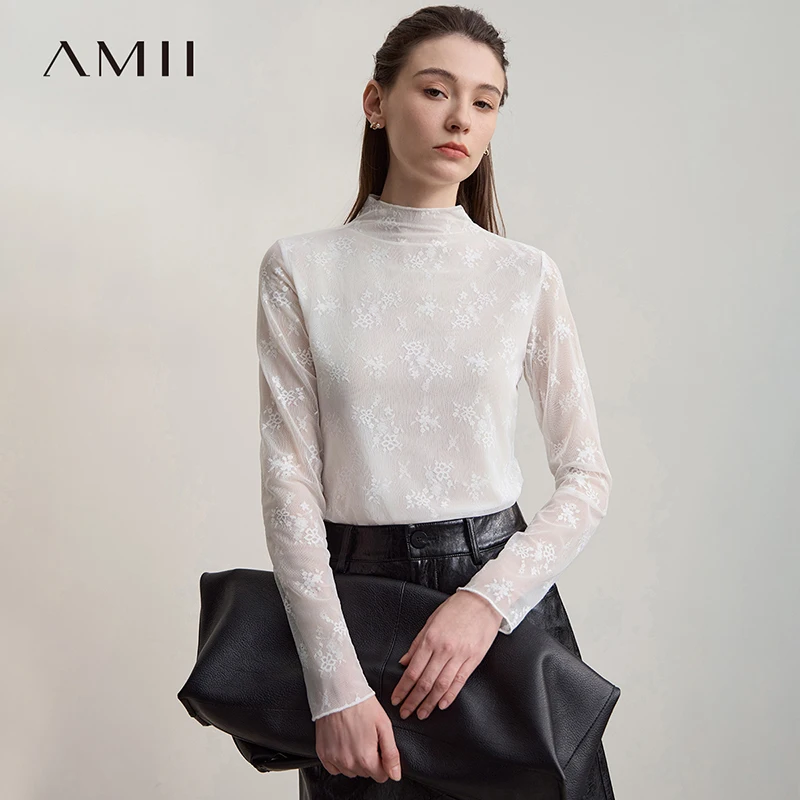 AMII Women's T-shirt Casual Versatile Turtleneck Long-sleeved Women's Tee Shirt 2025 Autumn New Minimalist Ladies Tops 12513016