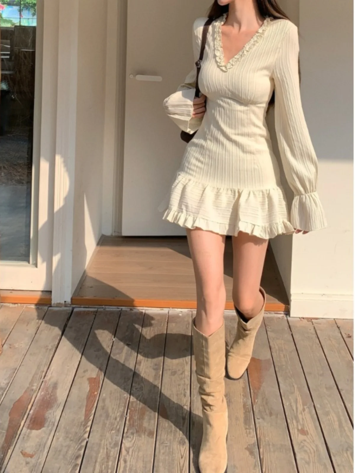 Fall French Vintage Women Long Sleeve V-Neck Mini Dress Mori Girl Ruffles Frocks Party Slim Prom Gown Evening Romantic One-Piece