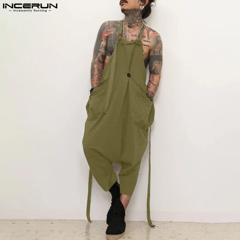 INCERUN American Style Fashion Jumpsuit Men's Loose Deconstruction Design Jumpsuit Streetwear Solid Wide Leg Sleeveless Rompers