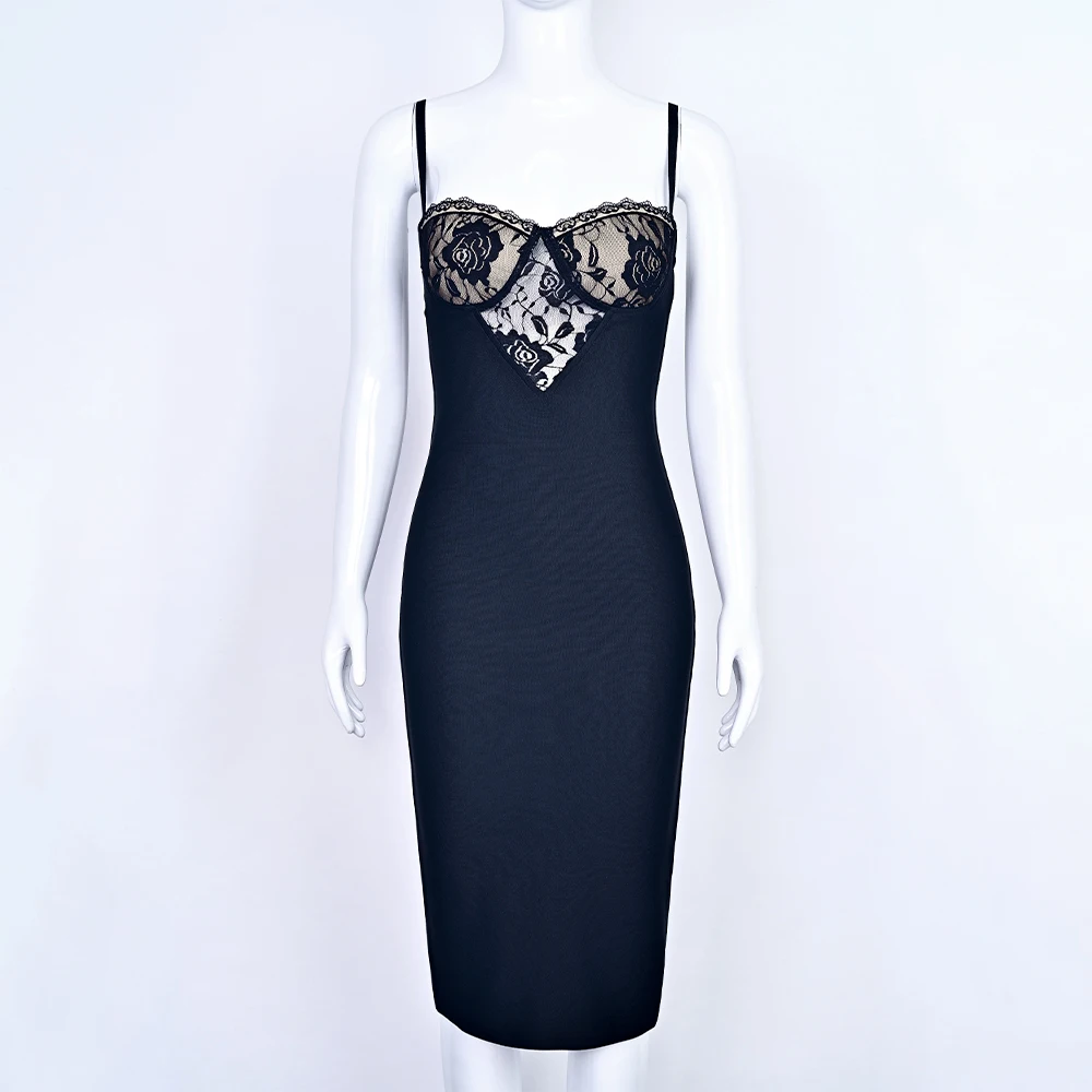 Hqbory luxo sexy renda oco bandagem vestido de noite espaguete ver através do clube de festa bodycon vestido fino de malha vestidos femininos