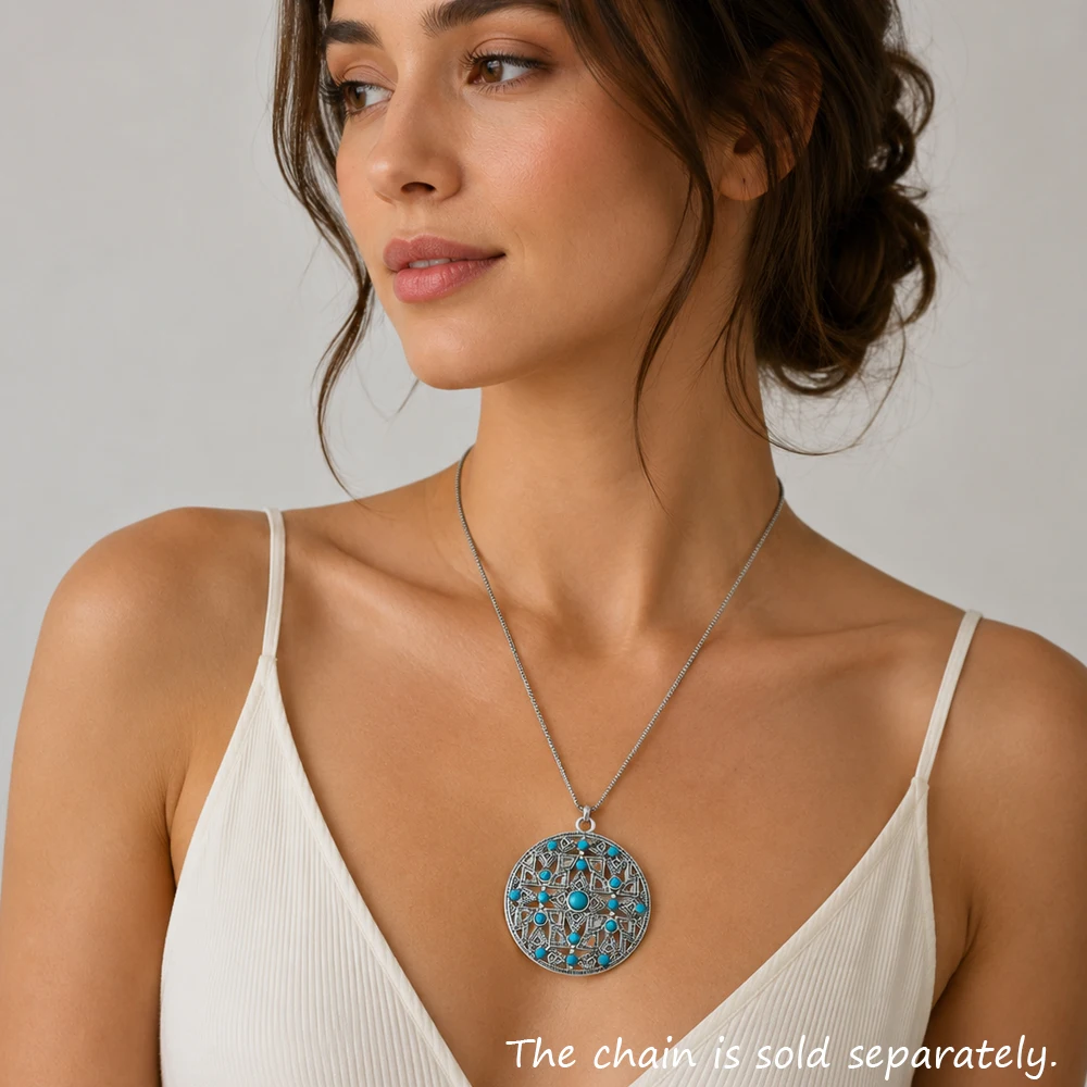 Blue Stone Round Ornament Pendant Brand New Jewelry Vintage 925 Sterling Silver Accessories Gift For Women