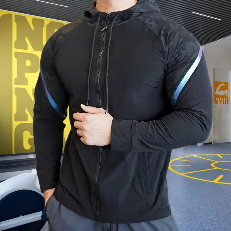 Men Running Sport Hoodies Gym Fitness Long Sleeve Sweatshirt Compression Training Bodybuilding Coat Outdoor Hooded Jacket Tops