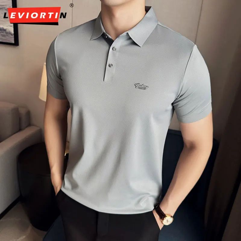 2024 Summer New Traceless Pressure Glue High Elastic Short Sleeve Embroidered POLO Shirt for Men's Light Luxury Ice Silk T-shirt