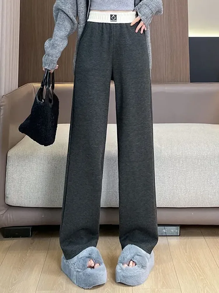 Spliced Design Loose Straight Pants Women Casual Elastic High Waist Sweatpants Korean Fashion Chic Thick Wide Leg Pantalones New