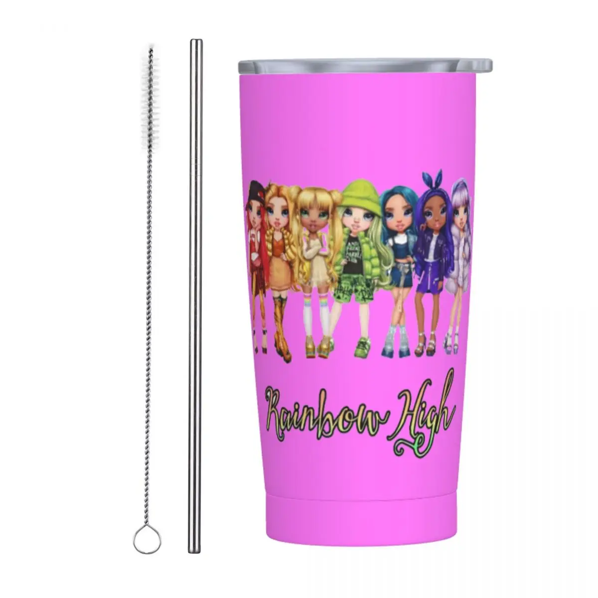 Rainbow High Dolls Characters Tumbler Vacuum Insulated Thermal Cup with Lid Straw Double Wall Mugs Water Bottle, 20oz