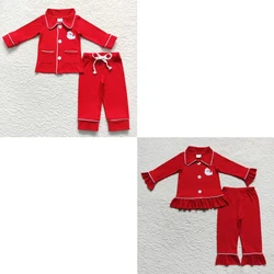 Infant Christmas Santa Embroidery Sleepwear Pants Kid Red Outfit Matching Boy Girl Pajamas Children Long Sleeves Button Down Set