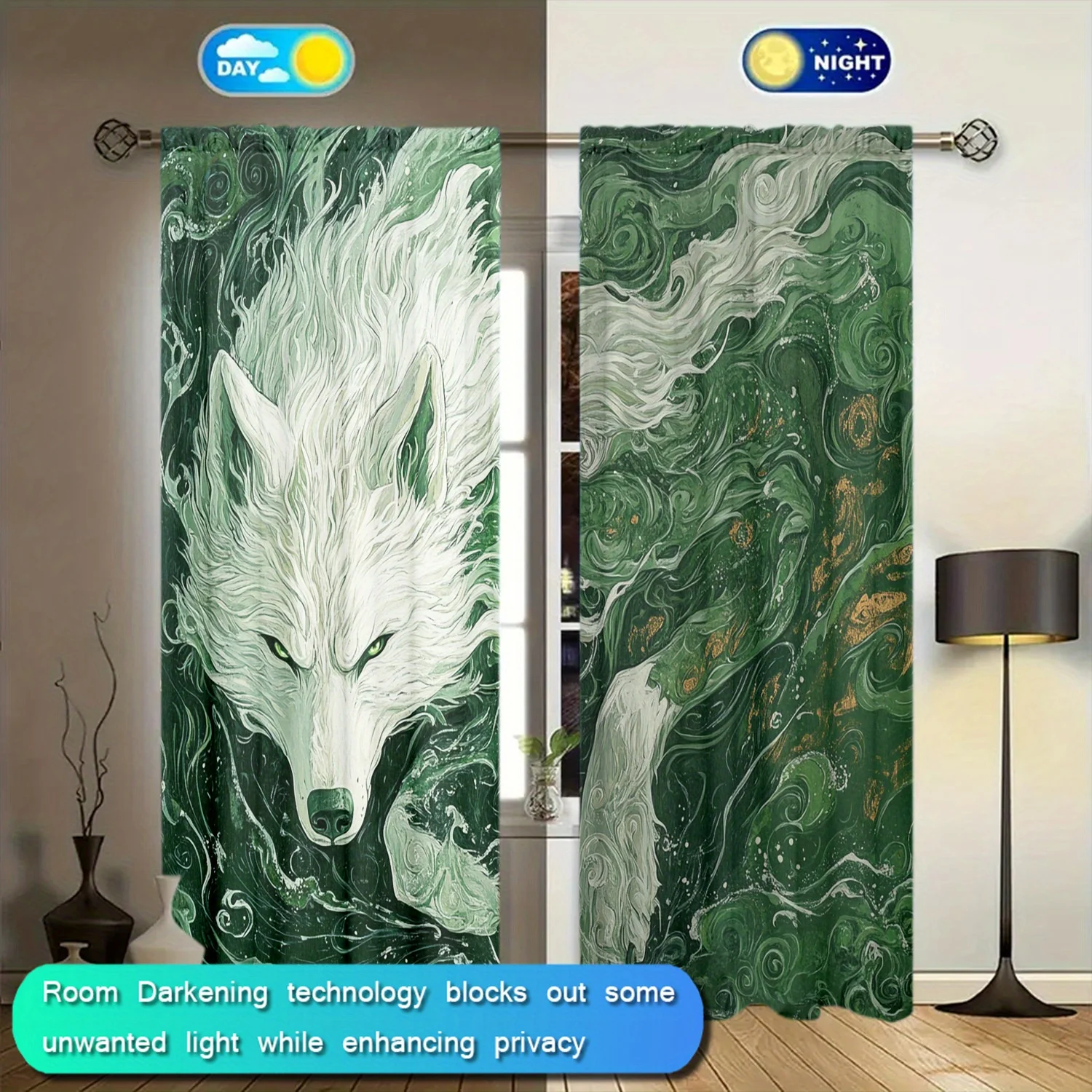 2pcs Mystical Wolf Art Curtain Pair Green Gold Forest Nature Window Drapes Gothic Home Decor Anti Sun Curtain