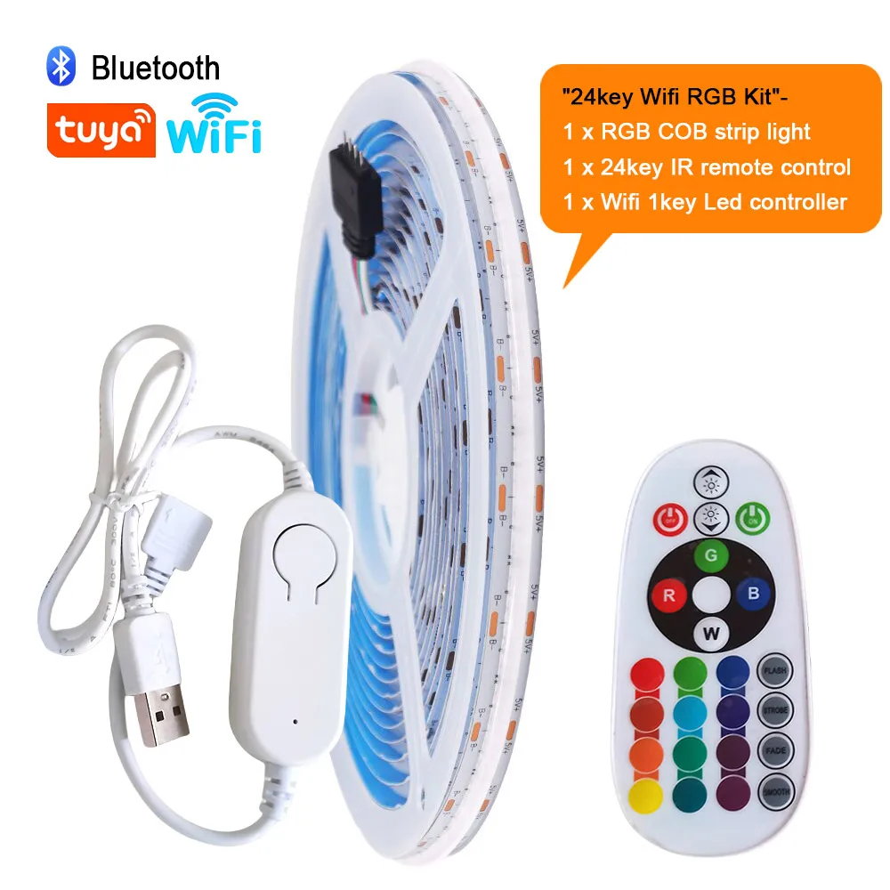 RGBCW Wifi bluetooth-kompatible rgb cob led streifen leuchte 5v 24key 44key kit fernbedienung 576led hoch dichte lineare lichter flex band 3