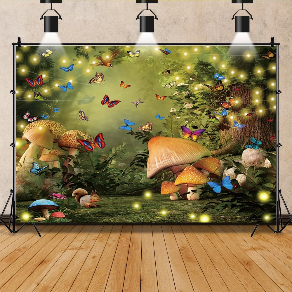 

Laeacco Fantasy Fairy Tale Forest Backdrop Trees Mushroom Butterfly Baby Birthday Portrait Photography Backgrounds Photo Studio