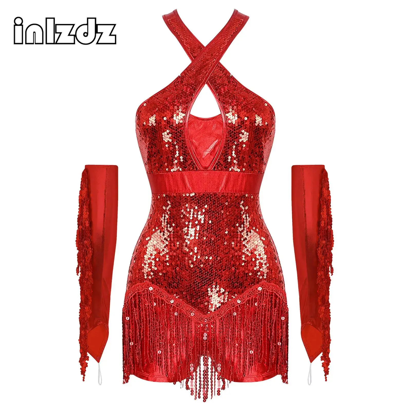 

Womens Latin Jazz Dance Outfit Tango Cha-Cha Samba Ballroom Dance Stage Performance Costumes Tassel Leotard+Sequined Gloves Sets