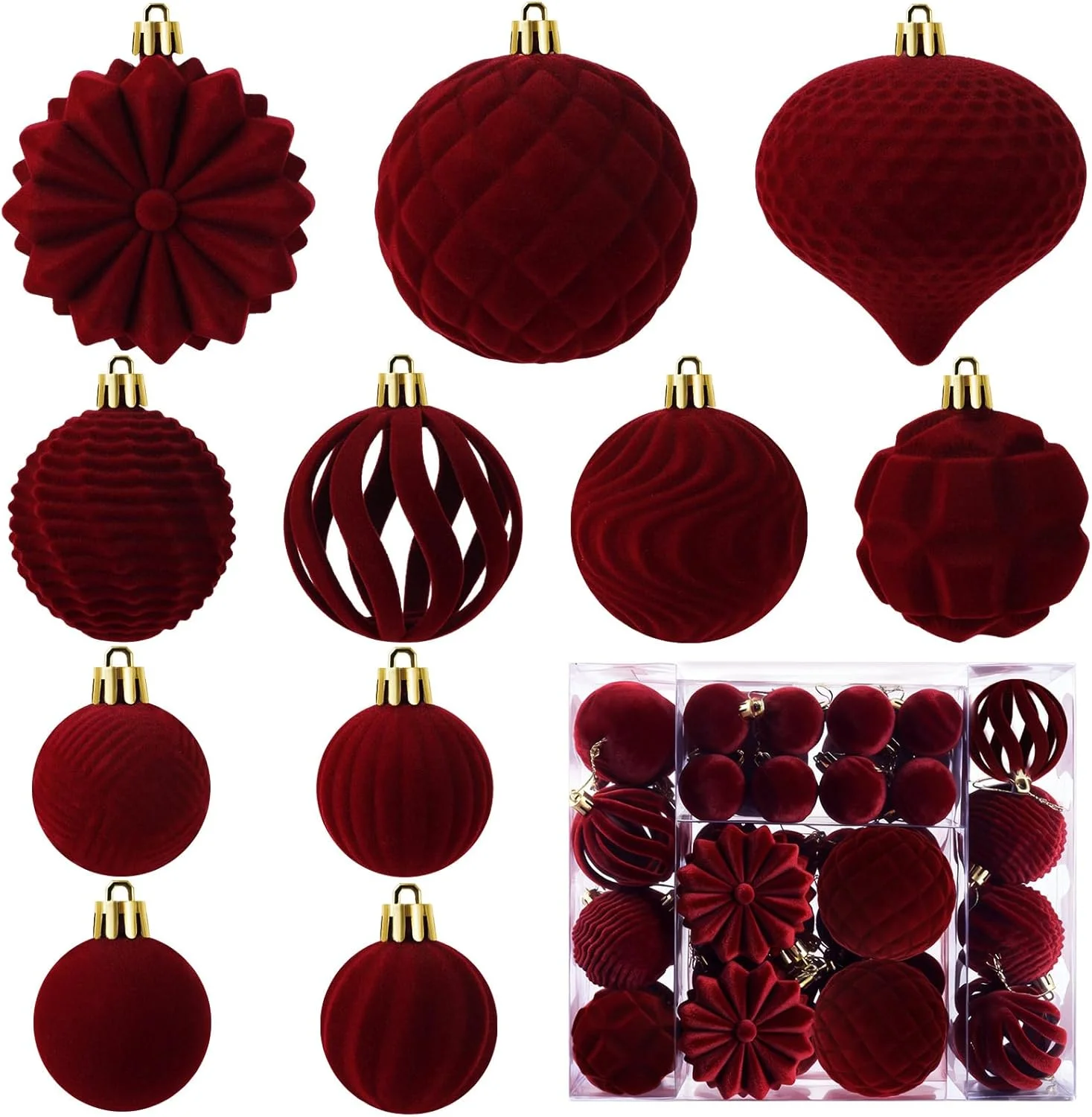48 Pcs Velvet Christmas Ball Ornaments Set, Flocked Christmas Tree Ornaments, Shatterproof Hanging Xmas Balls Decorations for Ch