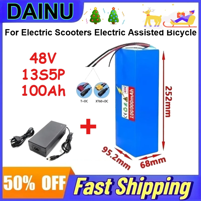 48V 13S5P 100Ah 18650 Lithium Battery Pack for Electric Scooters Electric Assisted Bicycle Batteries + 54.6V 2A EU Charger