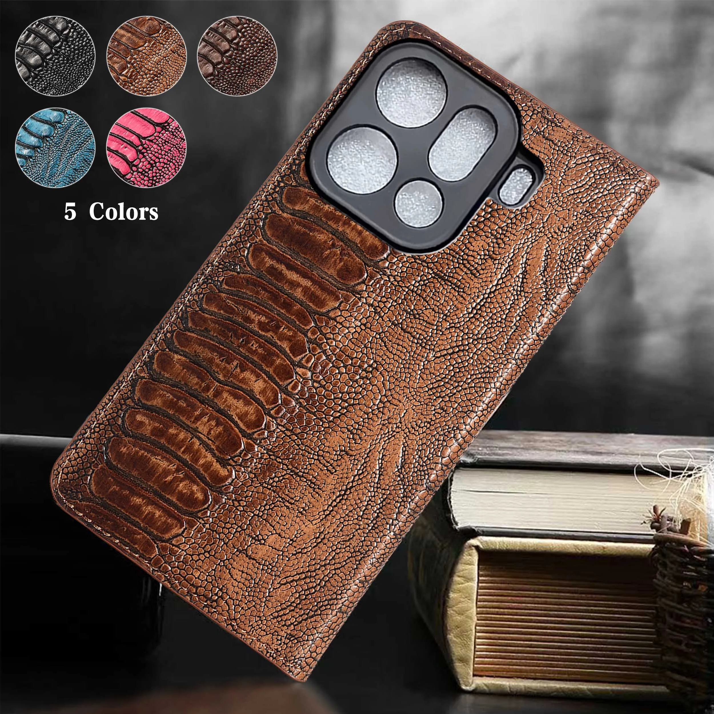 

Genuine Leather Phone Case For OPPO Find X5 X6 X7 X8 X8S X9 Pro Plus Ultra Lite Ostrich Feet Pattern Of Flip Cover Case Cowhide