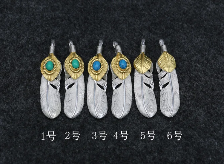 Silver gold-plated feather personalized pendant handcrafted with gold edge to create turquoise necklace pendant with collarbone